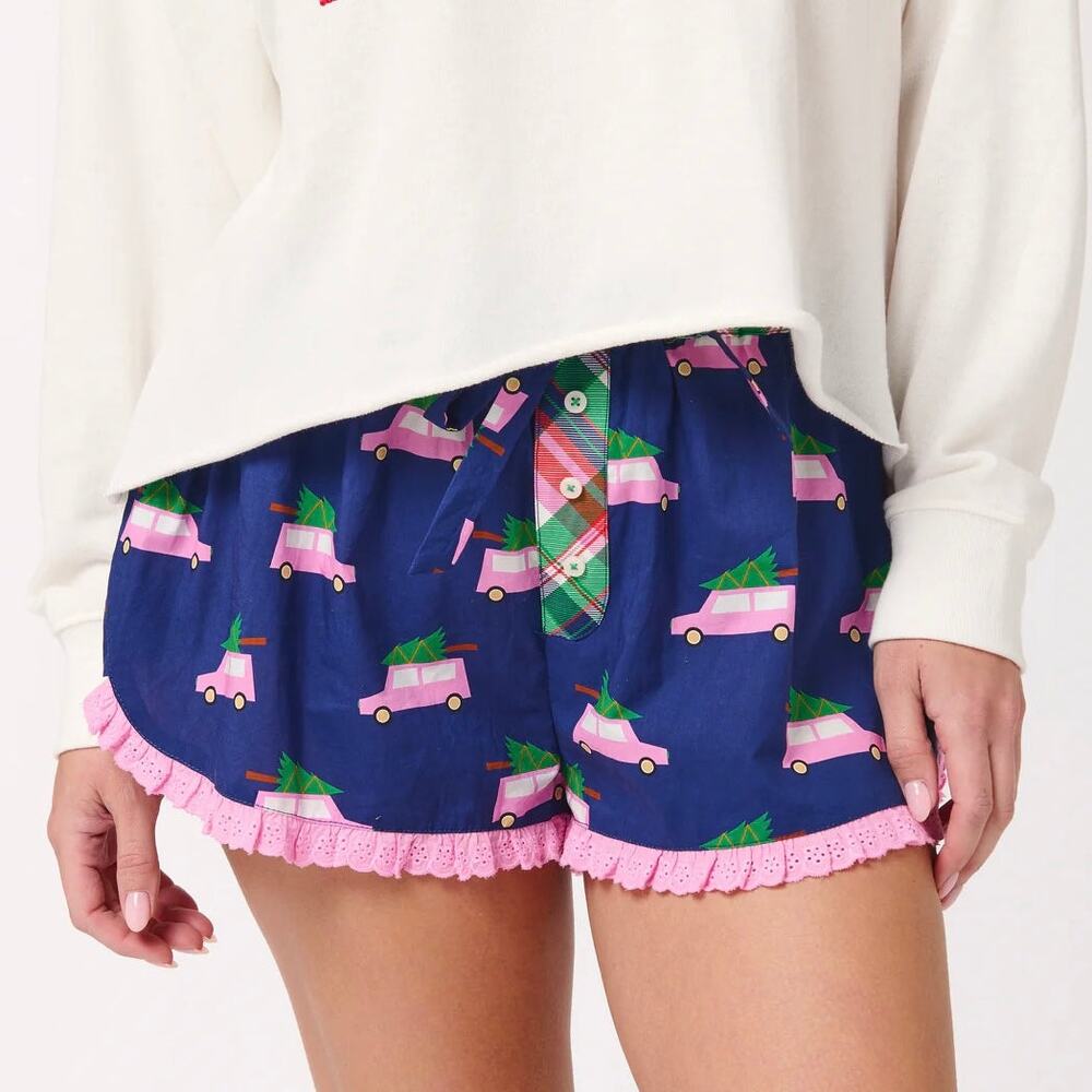 Shiraleah Short Boxer Pajama Pink Car Navy Plaid Holiday Preppy Christmas Small